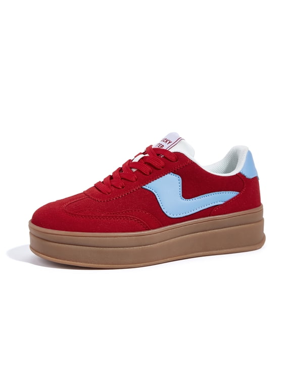 Womens Platform Fashion Sneakers Thick Sole Suede Faux Leather Casual Shoes,Red&Blue