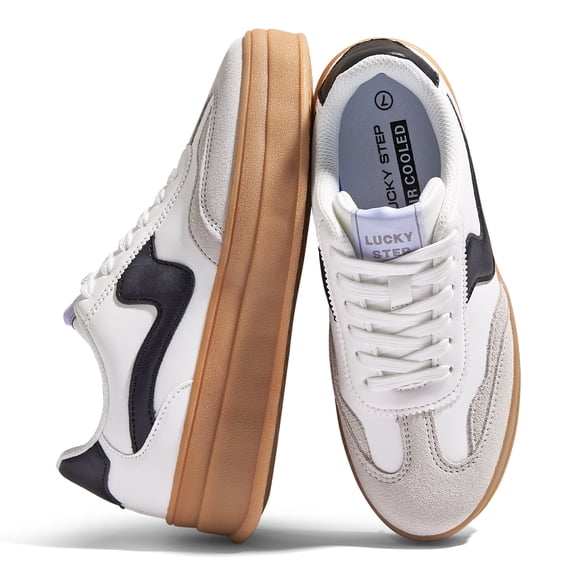 LUCKY STEP Thick Sole Suede Genuine Leather Classic Casual Walking Shoes,White/Black,Womens