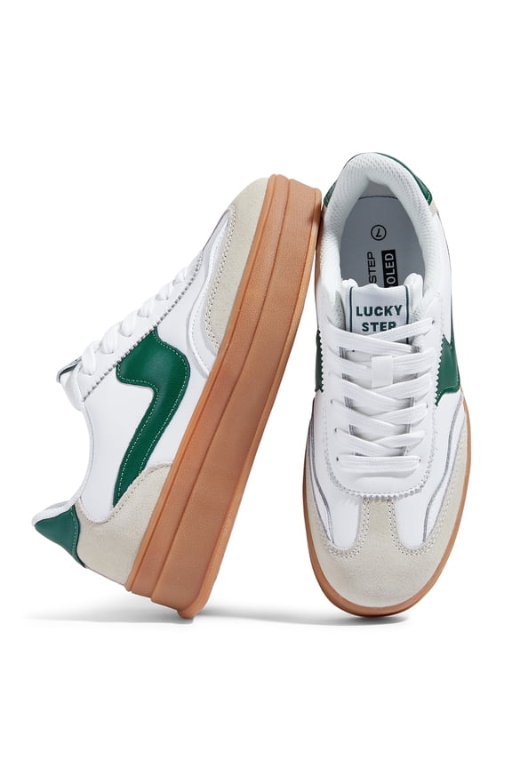 Thick Sole Suede Genuine Leather Classic Casual Walking Shoes,White/Green,Womens