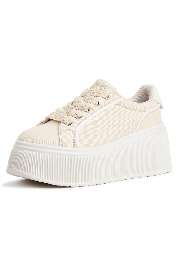 Wedge Canvas Fashion Sneakers Low Top Retro Casual Shoes,Beige,Womens