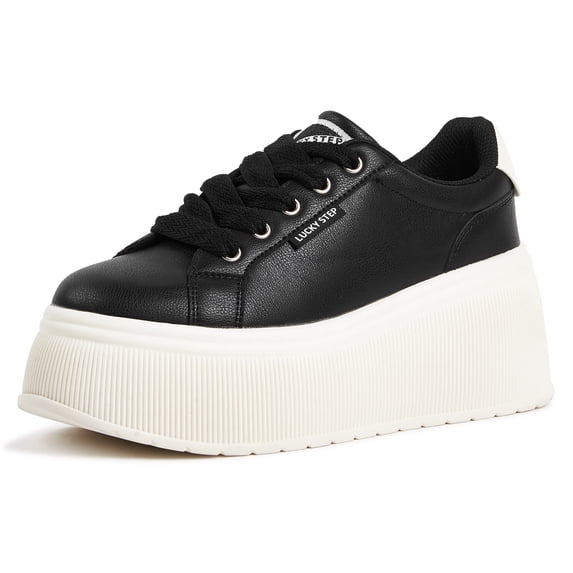 LUCKY STEP Wedge Canvas Fashion Sneakers Low Top Retro Casual Shoes,Black,Womens