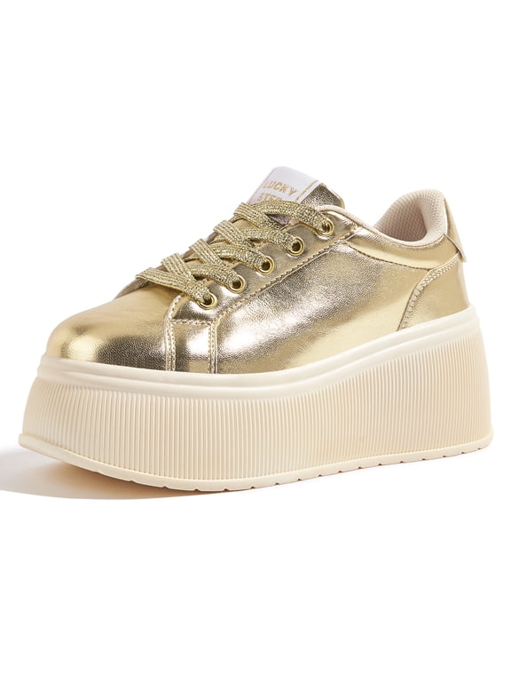 Wedge Canvas Fashion Sneakers Low Top Retro Casual Shoes,Gold,Womens