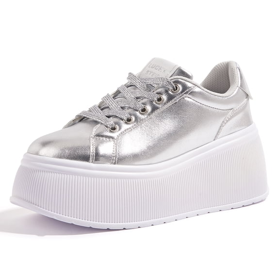 LUCKY STEP Wedge Canvas Fashion Sneakers Low Top Retro Casual Shoes,Silver,Womens