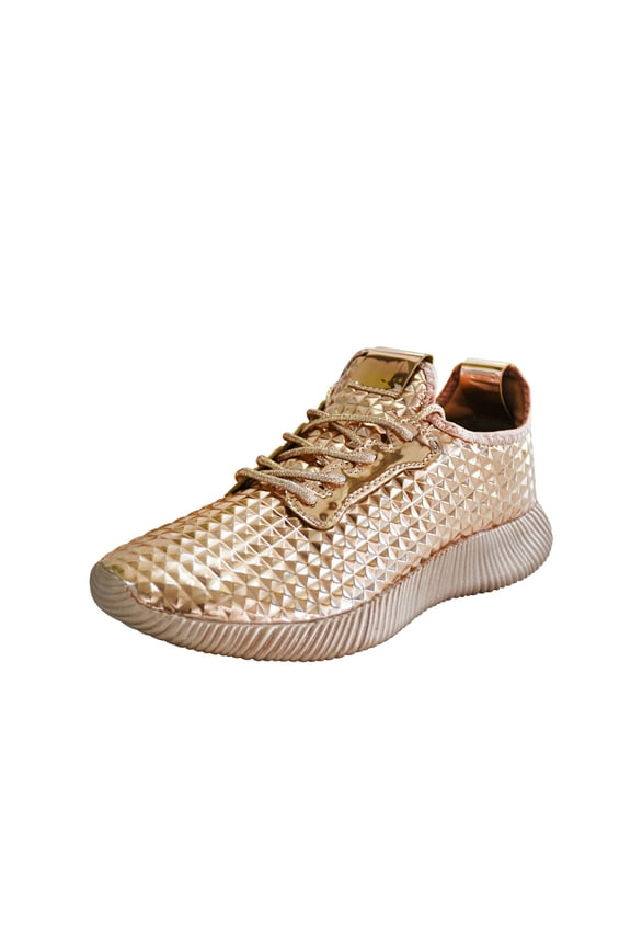 Women Lightweight Metallic Hologram Laced Pyramid Leatherette Studded Jogger Casual Sneaker (6 B(M) US, Rose Gold)