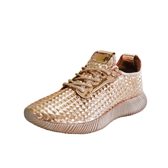 LUCKY STEP Women Lightweight Metallic Hologram Laced Pyramid Leatherette Studded Jogger Casual Sneaker (6 B(M) US, Rose Gold)