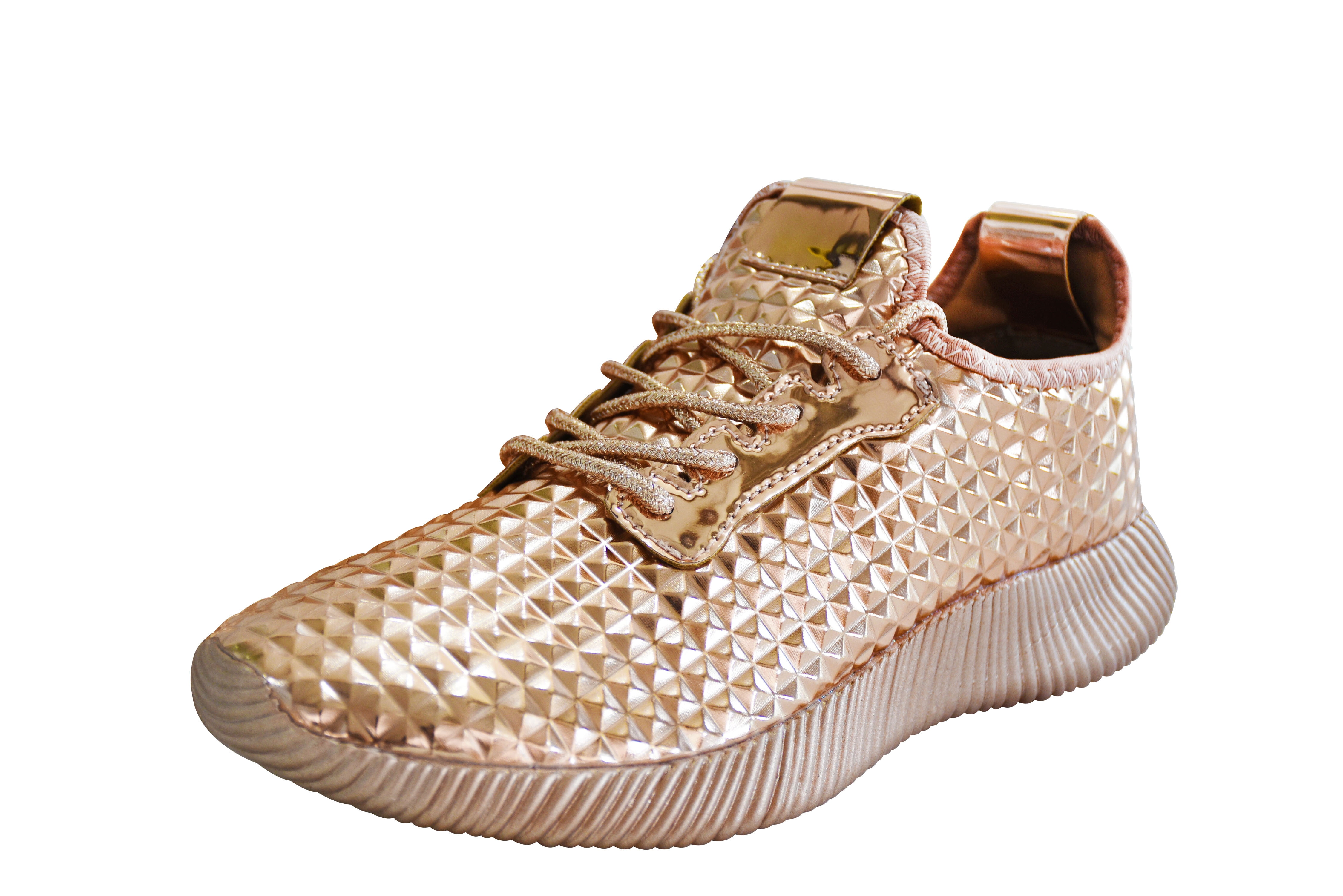 Women Lightweight Metallic Hologram Laced Pyramid Leatherette Studded Jogger Casual Sneaker (7 B(M) US, Rose Gold)