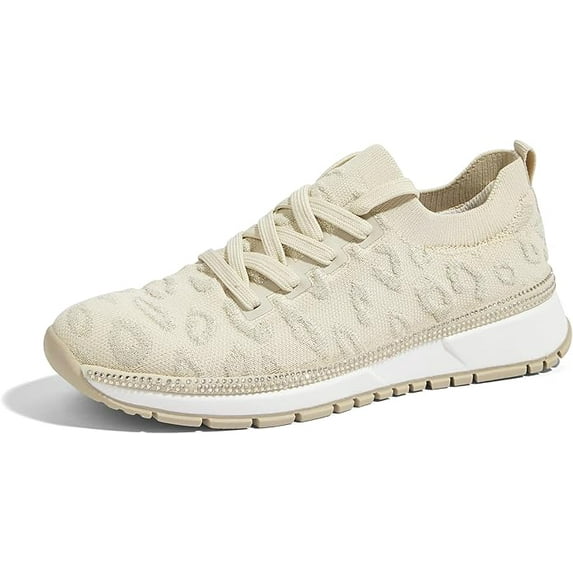 LUCKY STEP Women 's Mesh Slip on Sneaker Elastic Sock Knit Comfortable Breathable Lightweight Fashion Casual Walking Shoes (Beige,8 B(M) US)