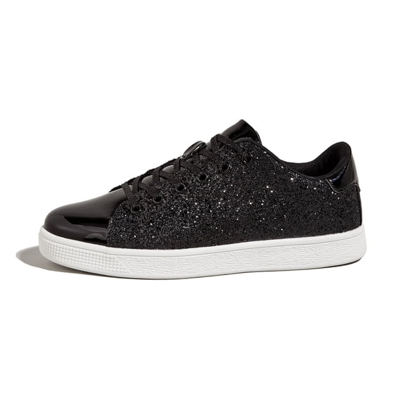 LUCKY STEP Womens Glitter Sneakers Sparkly Low Top Lace-Up Casual Shoes,Black