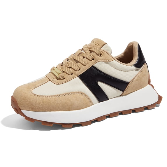LUCKY STEP Womens Platform Shoes Chunky Fashion Lace-up Sneakers Casual Shoes,Beige&Black