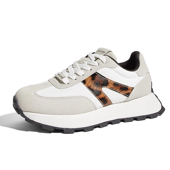 LUCKY STEP Womens Platform Shoes Chunky Fashion Lace-up Sneakers Casual Shoes,Grey&Leopard