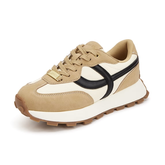 LUCKY STEP Womens Retro Platform Sneakers Classic Comfortable Casual Shoes,Beige&Black
