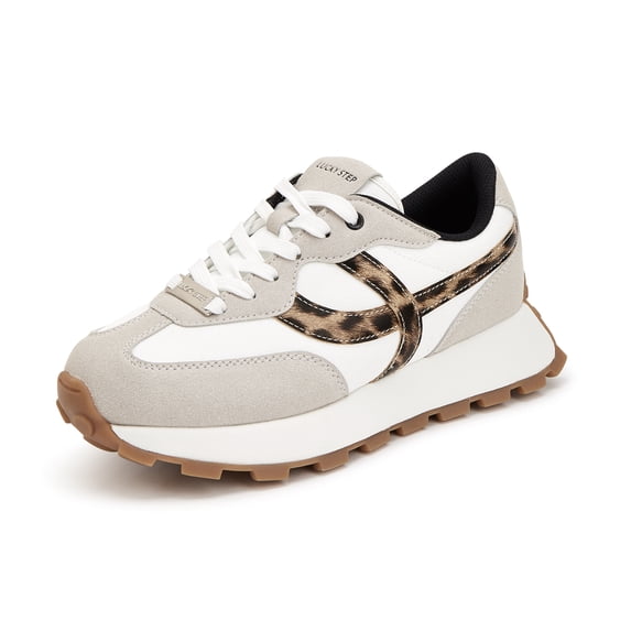 LUCKY STEP Womens Retro Platform Sneakers Classic Comfortable Casual Shoes,Grey&Leopard