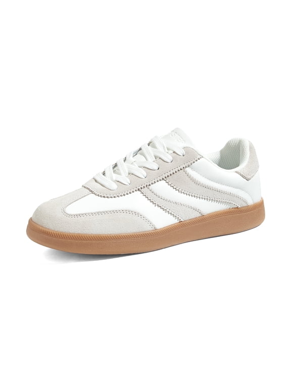 Womens Retro Suede Sneakers Gum Sole Low-Top Casual Shoes,White&Grey