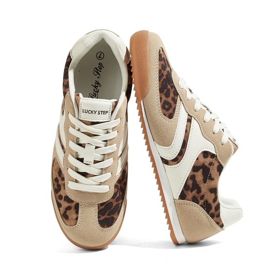 LUCKY STEP Womens Retro Thin Sole Lace up Fashion Sneakers Classic Lightweight Casual Shoes,Leopard