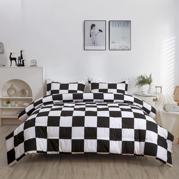 LUCKYBULL Full Comforter Set 3 Pieces Fluffy Bedding Set Black Plaid Down Alternative Comforter, Checkered Soft Textured Comforter with 2 Pillowcases All Seasons, Black and White