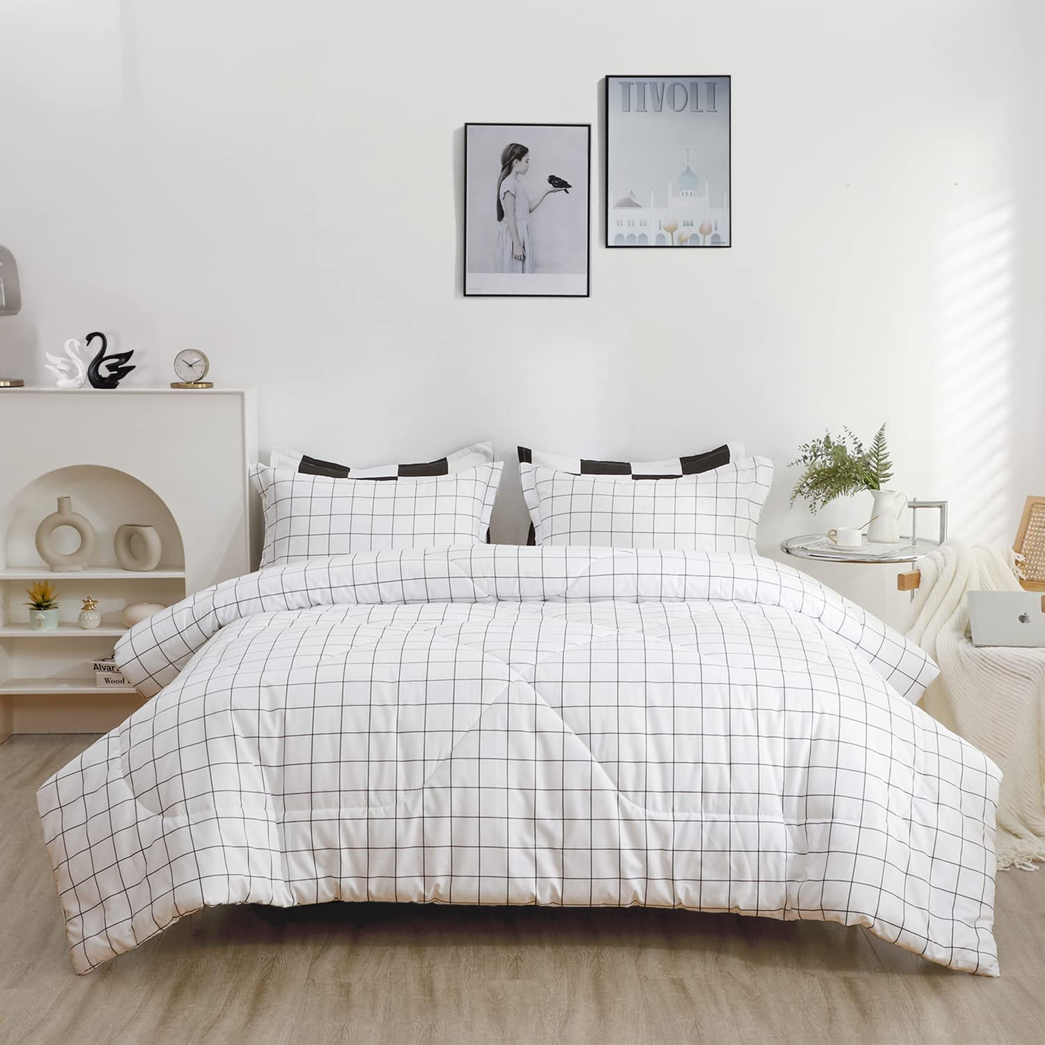 LUCKYBULL Twin Comforter Set 2 Pieces Fluffy Bedding Set White Grid Down Alternative Comforter