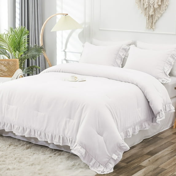 LUCKYBULL White Double Ruffle Comforter Set Queen Size (90x90 Inch), 3 Pcs Farmhouse Vintage Comforter Set (1 Ruffled Comforter and 2 Pillowcase), Rustic All Season Down Alternative Bedding Set