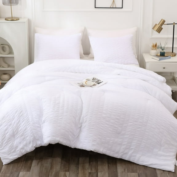 Luckybull Seersucker 3-Piece Pure White Comforter Bedding Sets, Queen