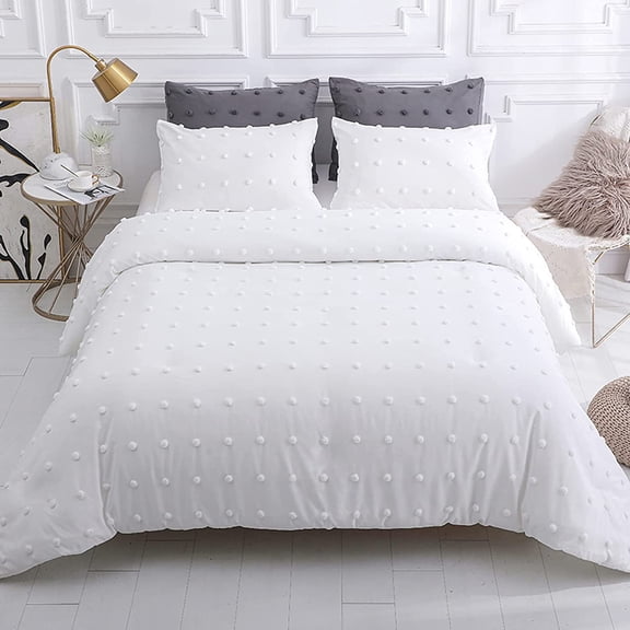 LUCKYBULL White Tufted Comforter Set 3 Pieces Queen Size Bedding Set ( 1 Jacquard Lightweight Comforter with 2 Pillowcases), Chenille Dots Soft All Season Down Alternative Comforter Set for Bedding