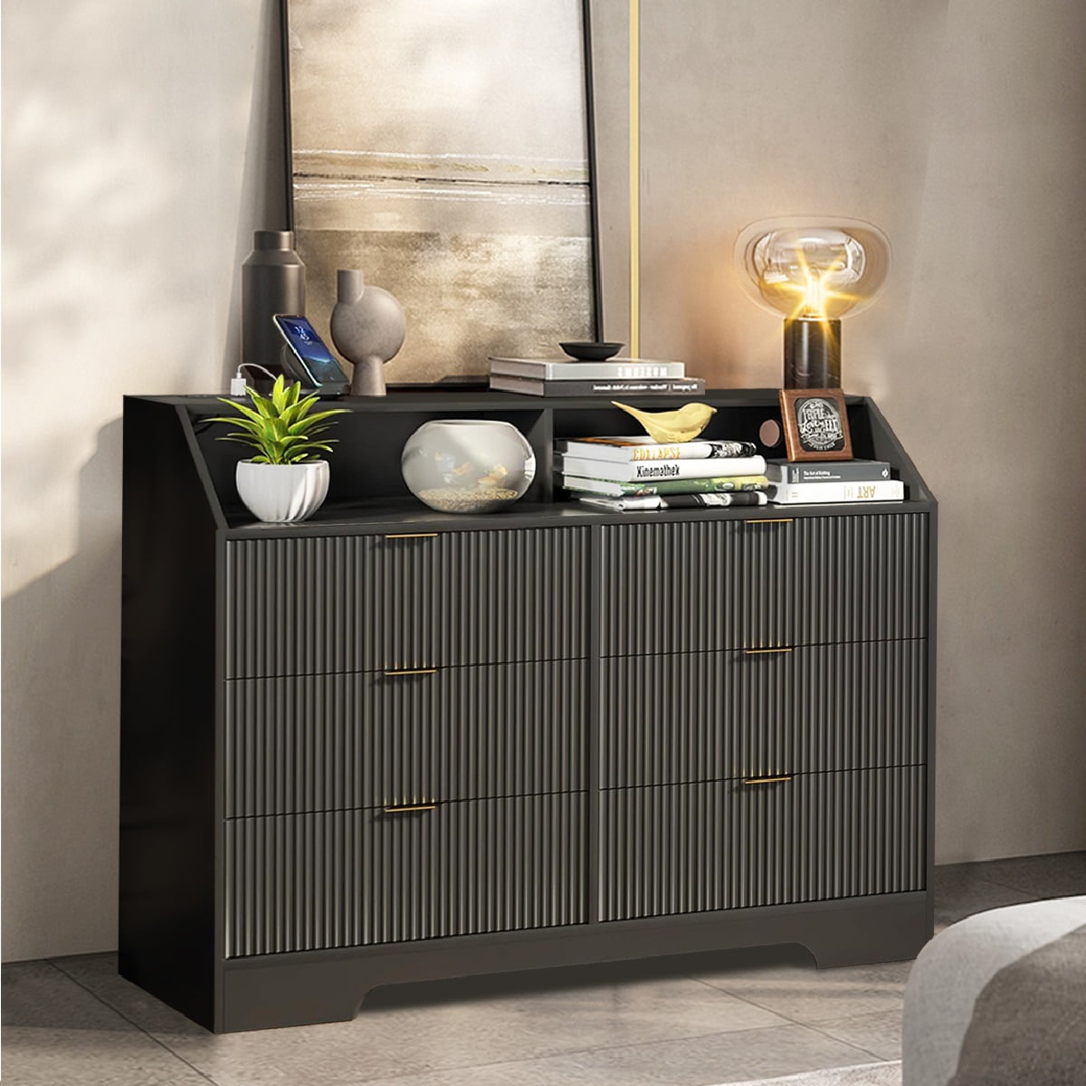 LUCKYELF 6 Drawer Dresser with Charging Station, Wood Storage Cabinet ...