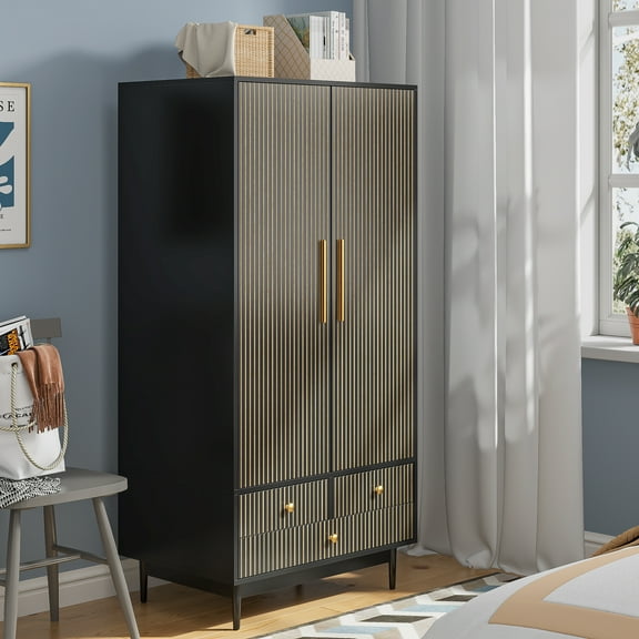 LUCKYELF Armoire Wardrobe Closet, Wardrobe Storage Cabinet with Drawer, Freestanding Cloest Clothes Cabinet for Bedroom, Black