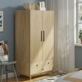 thumbnail image 1 of LUCKYELF Armoire Wardrobe Closet, Wardrobe Storage Cabinet with Drawer, Freestanding Cloest Clothes Cabinet for Bedroom, Wood Color, 1 of 8