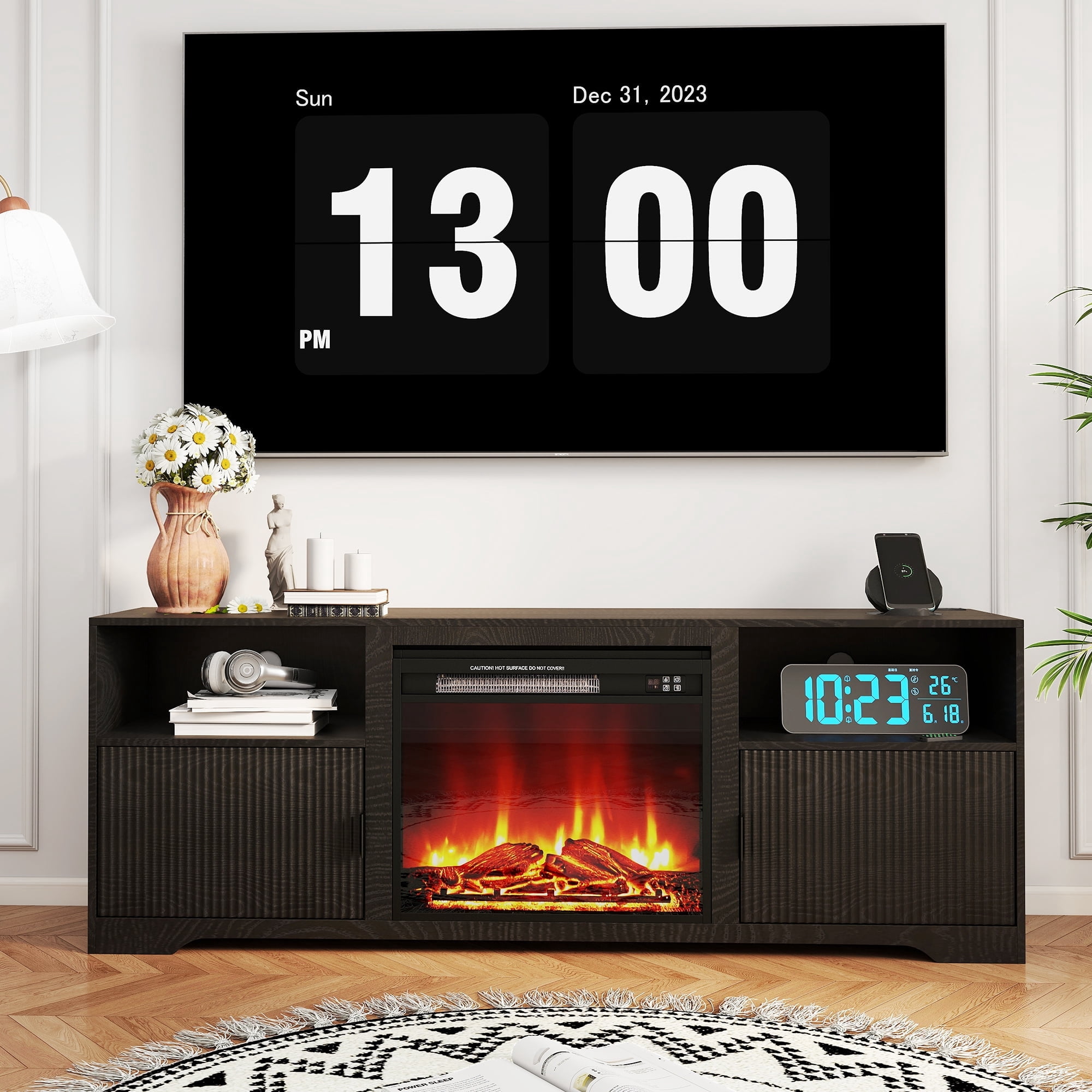LUCKYELF Fireplace TV Stand, Entertainment Center for TVs up to 80", Wood Media Console for Living Room, Bedroom, Black