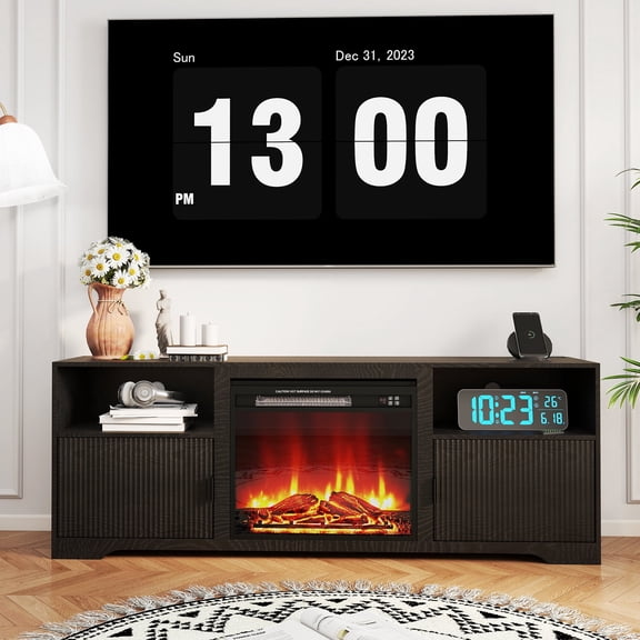 LUCKYELF Fireplace TV Stand, Entertainment Center for TVs up to 80", Wood Media Console for Living Room, Bedroom, Black