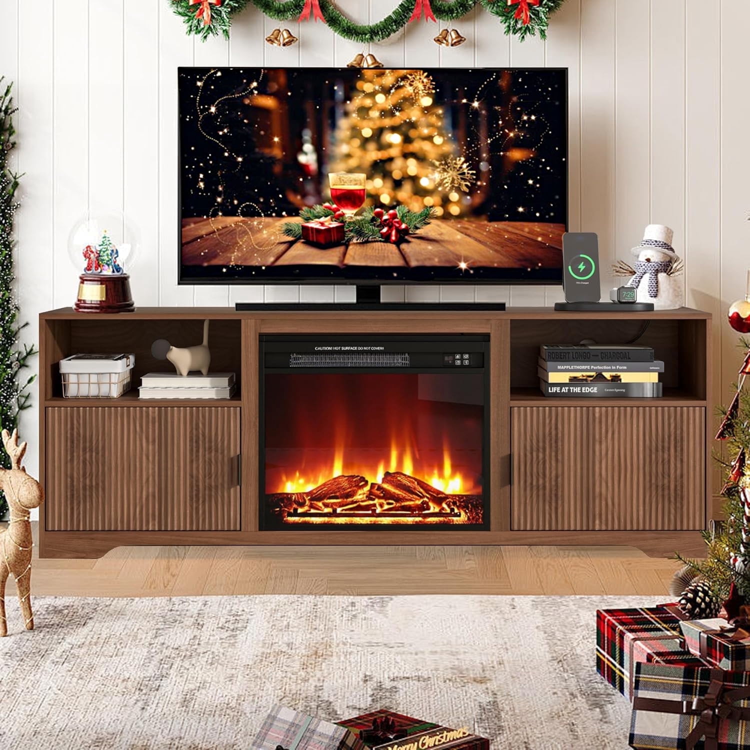 LUCKYELF Fireplace TV Stand, Entertainment Center for TVs up to 80", Wood Media Console for Living Room, Bedroom, Walnut