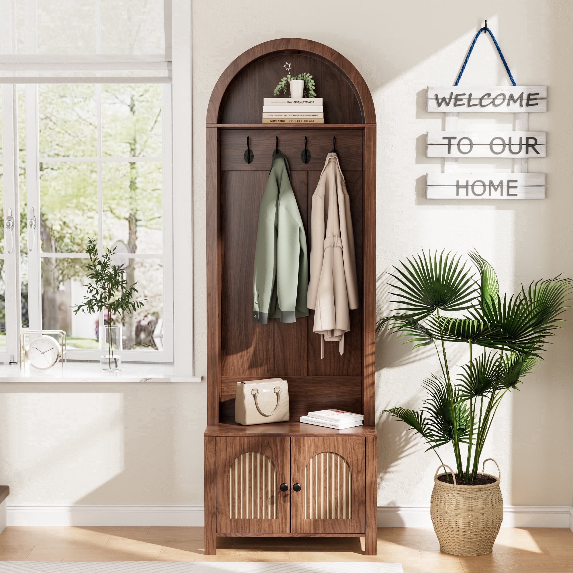 LUCKYELF Hall Tree with Shoe Storage, Farmhouse Arch Coat Rack Cabinet, Entryway Bench Organizer with 4 Hooks and 2 Fluted Doors
