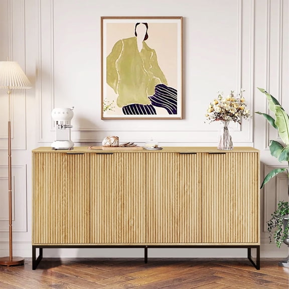 LUCKYELF Kitchen Sideboard Buffet with 4 Doors, Accent Storage Cabinet with Adjustable Shelves, Modern TV Media Console Table for Living Room, Bedroom, Wood Color