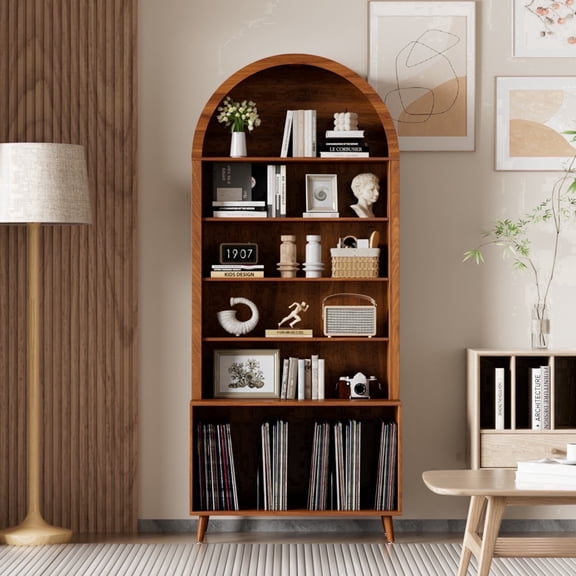 LUCKYELF Large Record Player Stand, Arched Modern Bookshelf, Holds Up 350+ Albums, Vinyl Storage Cabinet