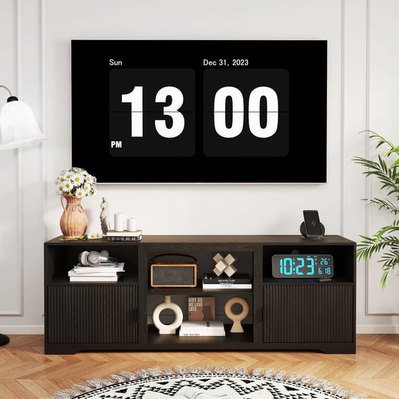 LUCKYELF Modern TV Stand for TVs up to 80", Entertainment Center with Storage, Media TV Console Table for Living Room, Bedroom, Black Color