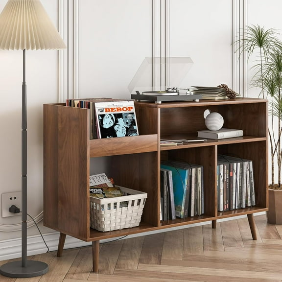 LUCKYELF Record Player Stand with Storage, Record Storage Cabinet, Wood Turntable Stand for Living Room Bedroom, Walnut Color