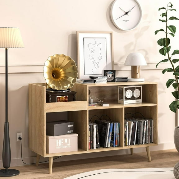 LUCKYELF Record Player Stand with Storage, Record Storage Cabinet, Wood Turntable Stand for Living Room Bedroom, Wood Color