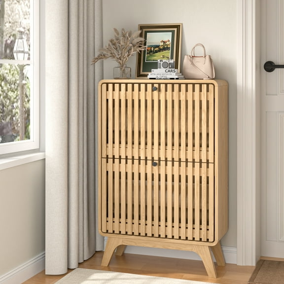 LUCKYELF Shoe Cabinet with 2 Flip Drawers, Fluted Shoe Cabinet for Entryway, Narrow Shoe Organizer for Living Room