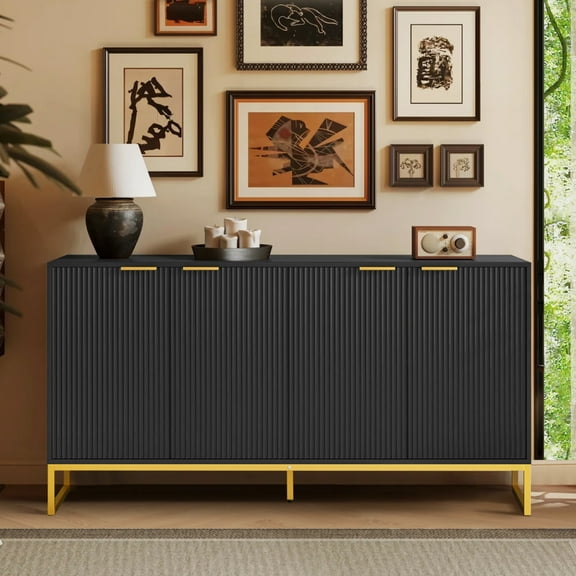 LUCKYELF Sideboard Buffet Cabinet, Fluted Accent Cabinet with Adjustable Shelves, Storage Cabinet for Kitchen, Black