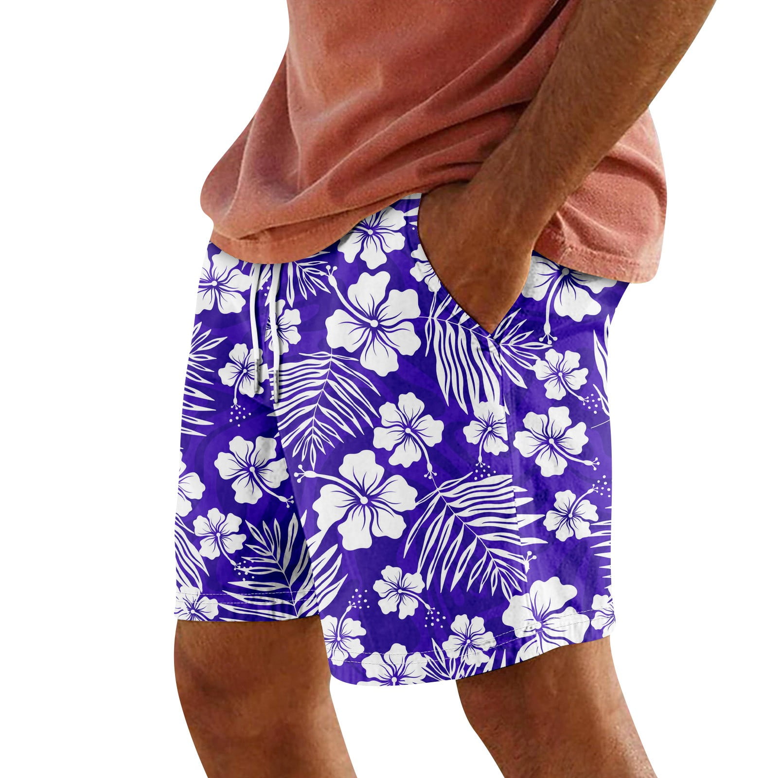 LUCKYW Mens Hawaiian Casual 5" Cotton Linen Printed Shorts Elastic