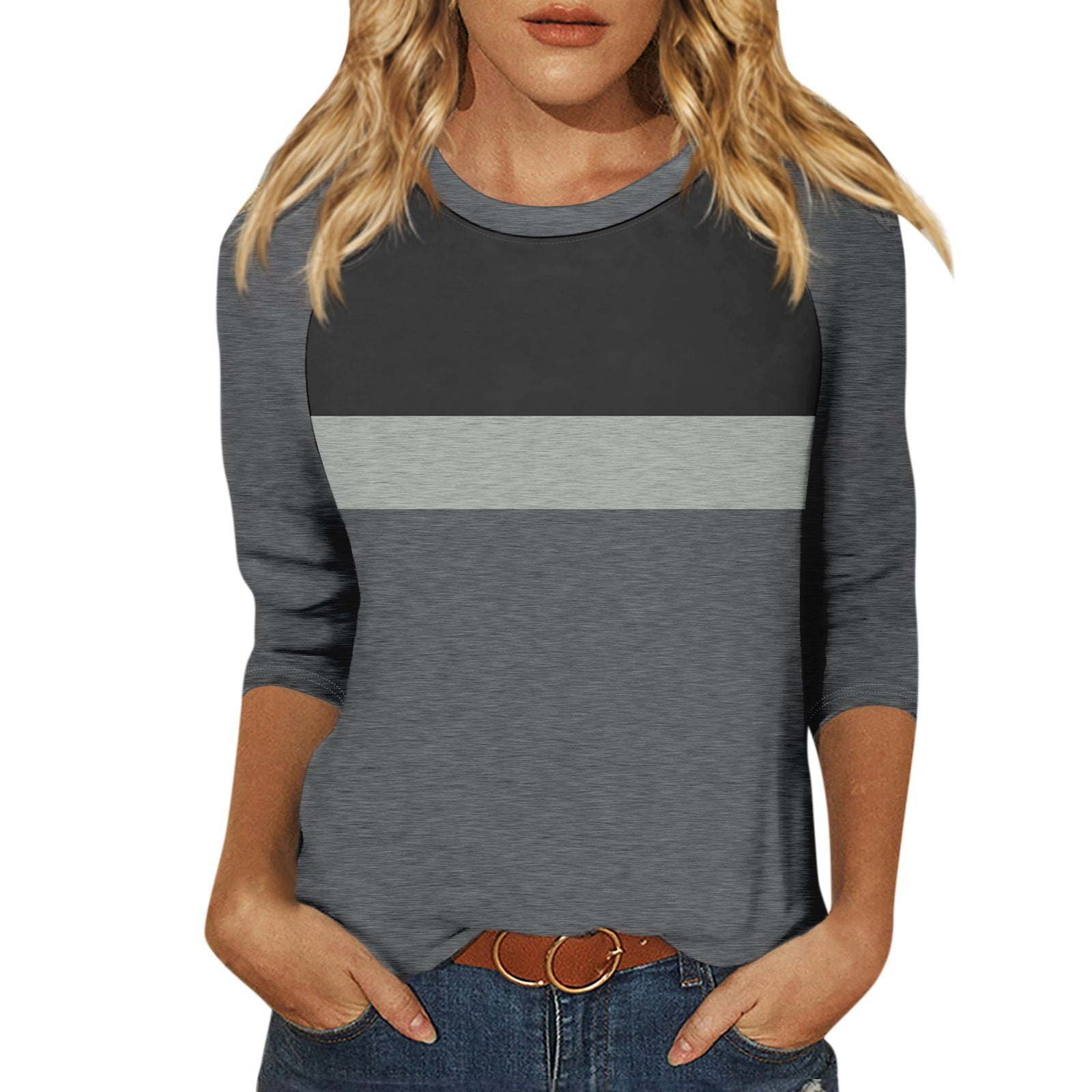 LUCKYW Women Fashion UNeck 3/4 Sleeves Oversized T Shirt Solid Casual