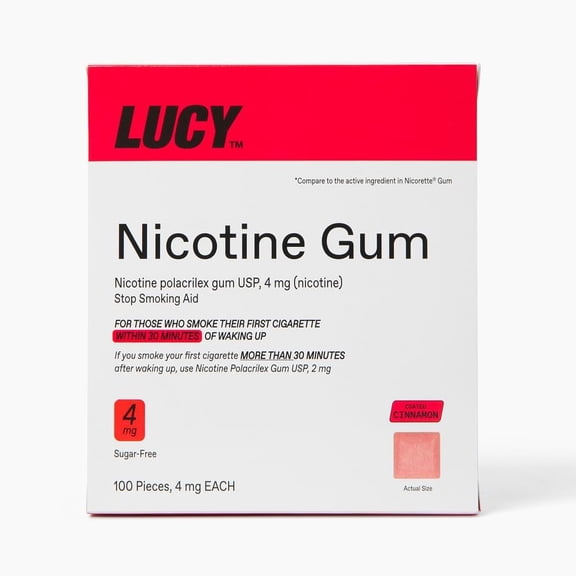 LUCY Nicotine Gum, Stop Smoking Aid and Withdrawal Support, Cinnamon Flavor, 4mg 100ct pack