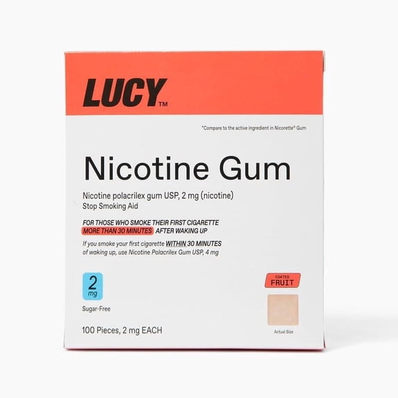 LUCY Nicotine Gum, Stop Smoking Aid and Withdrawal Support, Fruit Flavor, 2mg 100ct pack