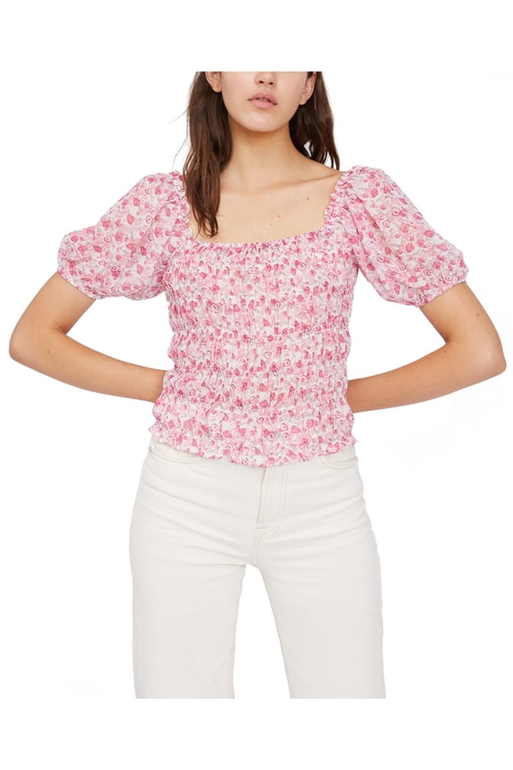 Womens Pink Smocked Sheer Floral Pouf Sleeve Square Neck Peasant Top XL