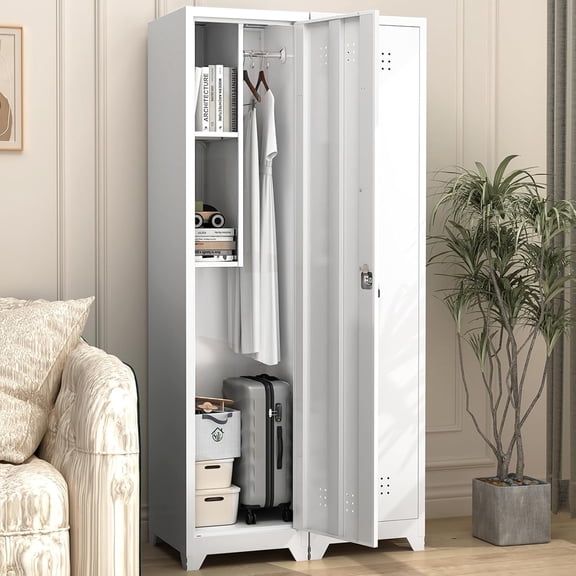 LUCYPAL Broom Closet Storage Cabinet,65" H Metal Cleaning Tool Cabinets with Hooks and Hanging Rods,Slim Broom Cabinet for Garage,Utility Room,Gym,Mops,Kitchen,White