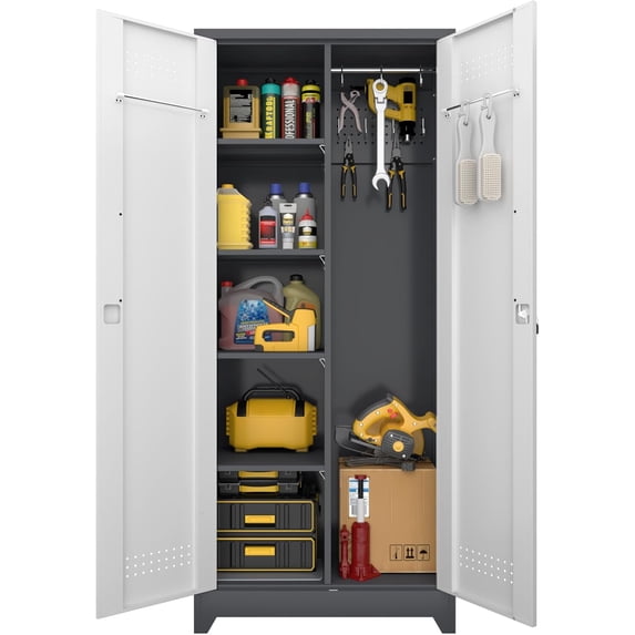 Broom Storage Cabinet with Locking Doors and Shelves,Broom Closet Storage Cabinet with Hanging Rod and Hooks,Metal Garage Cabinets for Kitchen,Bathroom,Office 72.8" H White&Grey