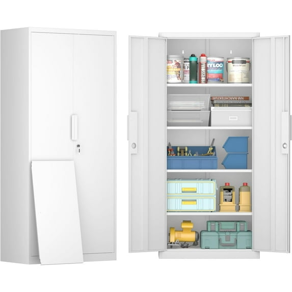 Garage Storage Cabinets with Lock Doors,Metal Garage Storage Cabinets with 4 Adjustable Shelves for Home,Office, Warehouse(White)