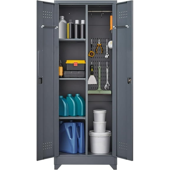 LUCYPAL Metal Broom Storage Cabinet with Shelves and Lock,Broom Closet Storage Cabinet with Hanging Rods for Mops,65" H Cleaning Tool Storage Cabinet for Utility Room,Garage,Laundry Room,Grey