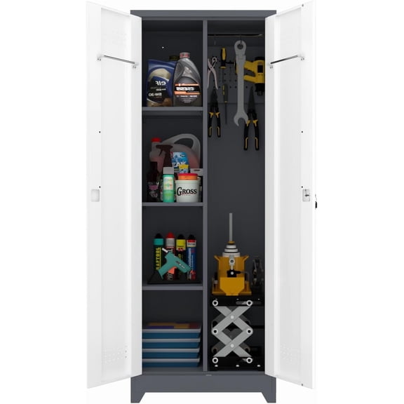LUCYPAL Metal Garage Storage Cabinet,Broom Closet Storage Cabinet with Locking Doors and Shelves,Cleaning Tool Cabinets with Hanging Rods for Kitchen,Garage,White&Grey 65" H