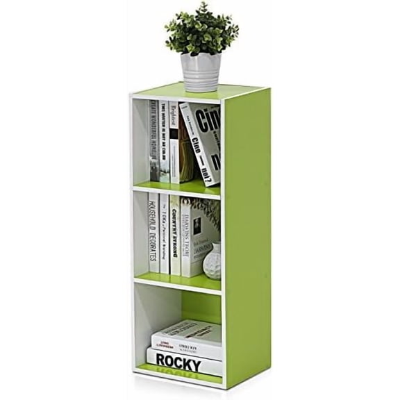LUDER Book Shelf, 3-Cube Bookshelf, Bookcase with Open Shelves, 9.3 x 12 x 31.5, for Living Room, Bedroom, Home Office, White/Green