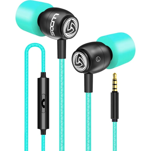 LUDOS Clamor Wired Earbuds in-Ear Headphones, 5 Years Warranty, Earphones with Mic, Noise Isolating Ear Buds, Memory Foam for iPhone, Samsung, School Students, Kids, Women, Small Ears - Turquoise