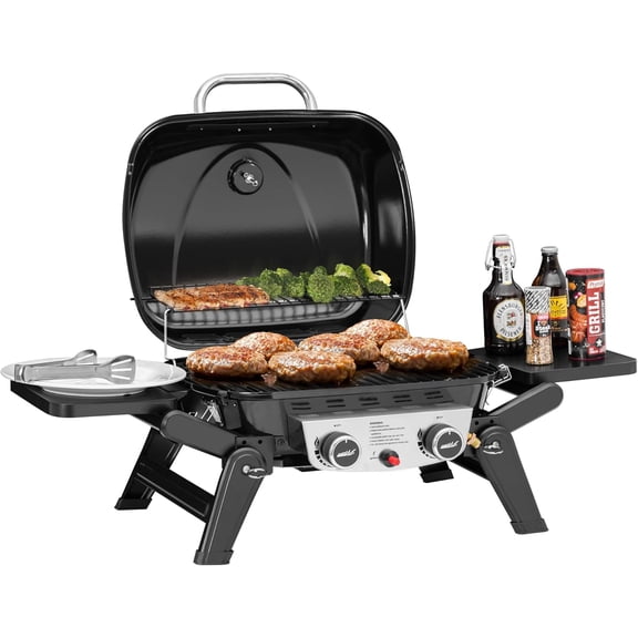 LUDYSHARE 2-Burner Portable Propane Gas Grill, 17000 BTU, Foldable Side Tables, Warming Rack, for Camping, Tailgate, Picnic, Black GT2005-SC